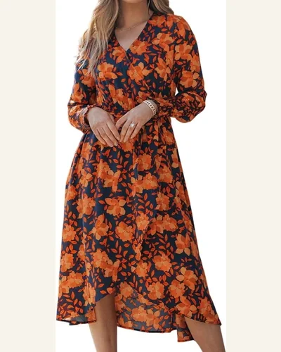 Fall Dresses Casual Orange Floral Print Faux Wrap, view 1