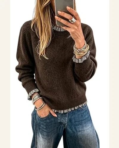 Casual Plaid Ruffle Trim Pullover Sweater Chicory, view 1