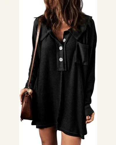 Tunic Tops Casual Black Waffle Knit Buttoned Long, view 1