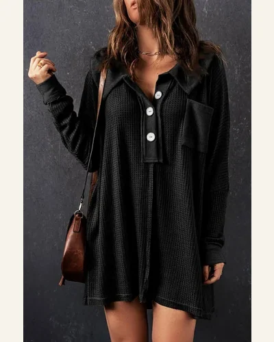 Tunic Tops Casual Black Waffle Knit Buttoned Long, view 4