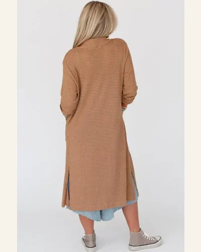 Cardigan Sweater Casual Chestnut Long Waffle Knit Cardigan, view 2