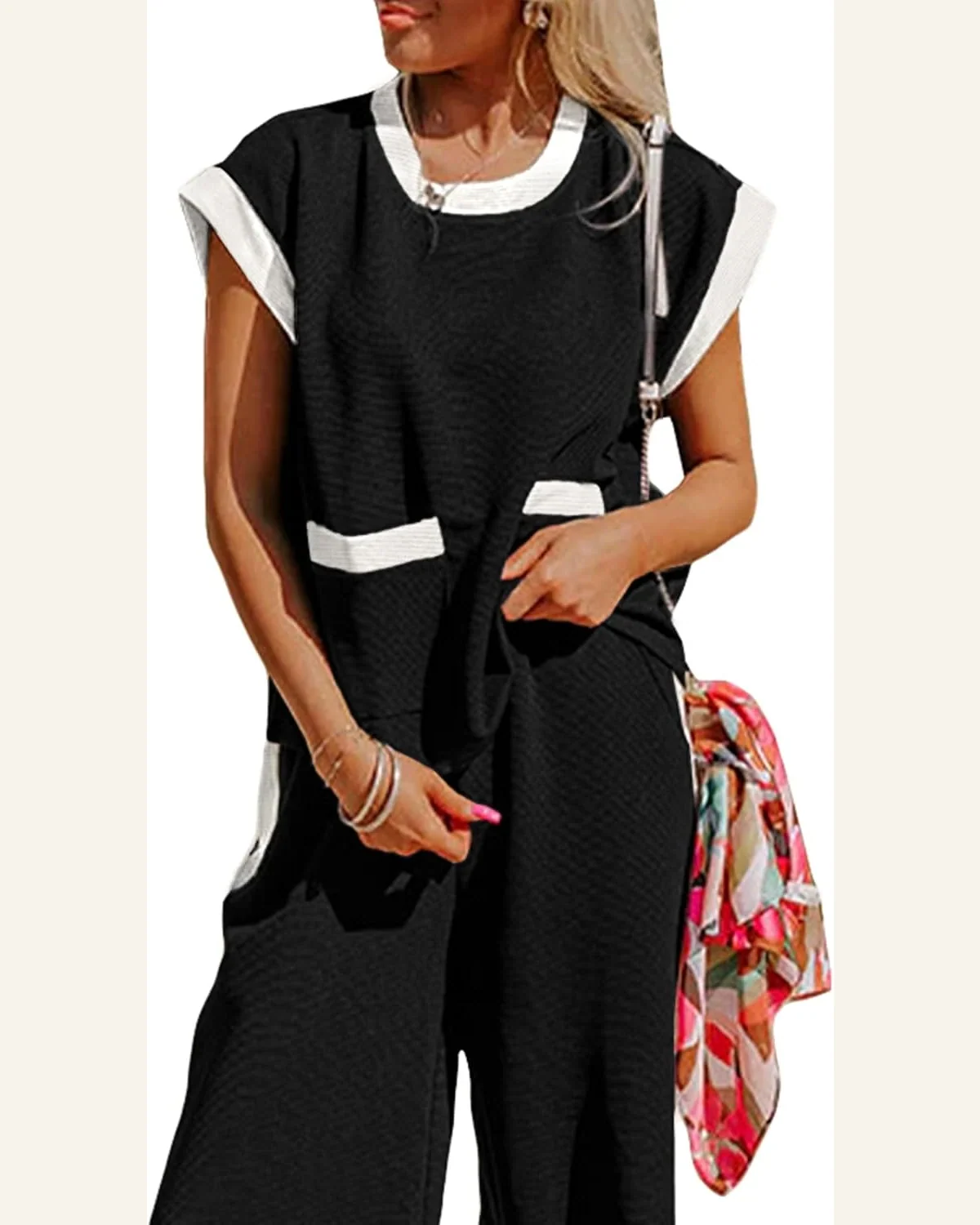 Two Piece Lounge Set Colorblock Short Sleeve Pullover by SELINK