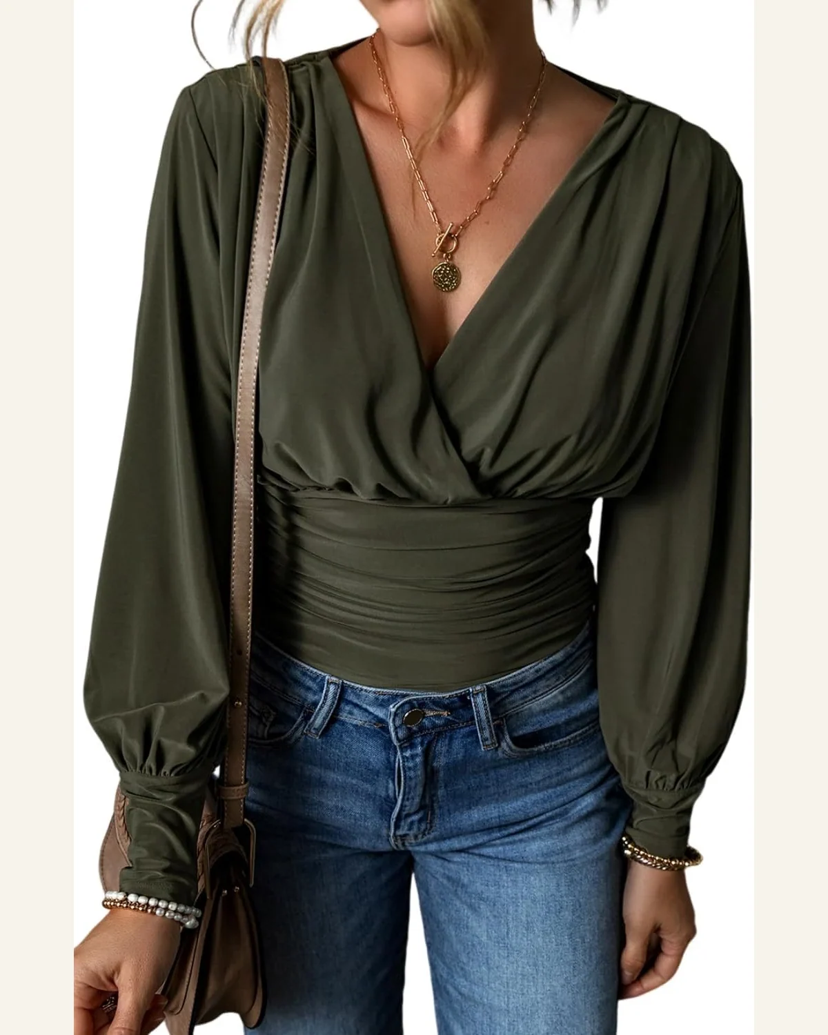 Bodysuit Elegant Moss Green Ruched Wrap V Neck by SELINK