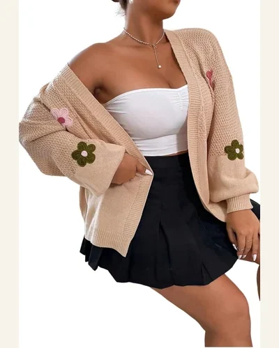 Cardigan Sweater Casual Smoke Gray Floral Applique Drop, view 1