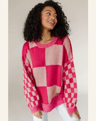 Casual Rose Red Mixed Checkered Pattern Drop Shoulder Sweater, view 2