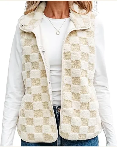 Casual Khaki Checkerboard Jacket Snap Button Vest Jacket, view 1
