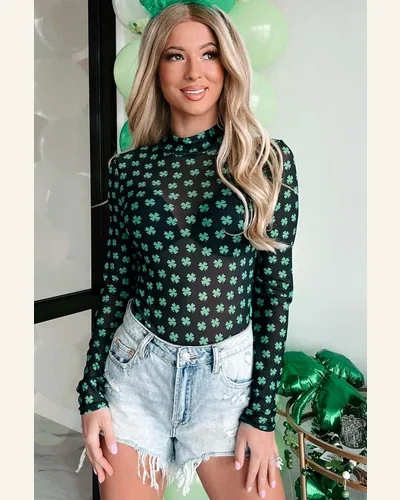 Bodysuit Green St Patrick Shamrock Printed Long Sleeve, view 4