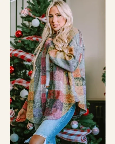 Shacket Jacket Casual Multicolor Brushed Plaid Pocketed Oversize, view 3