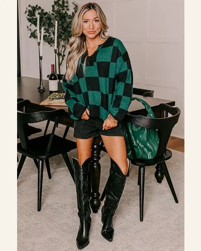 Casual Green Checked Pullover Sweater Tops Notched Neckline, view 4