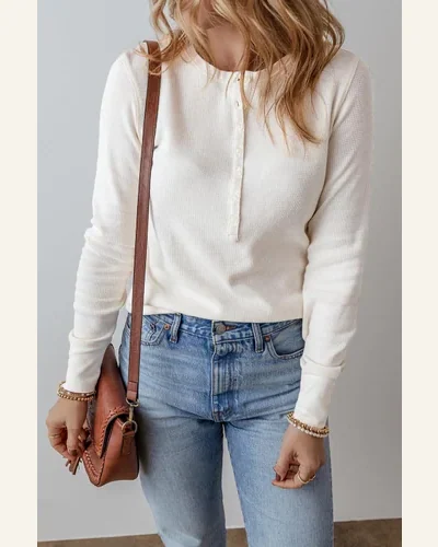 Tunic Tops Casual White Solid Color Waffle Half, view 3