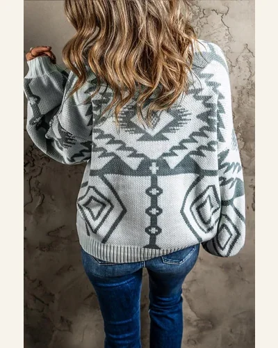 Cardigan Sweater Casual Light Grey Geometric Pattern Ribbed, view 2