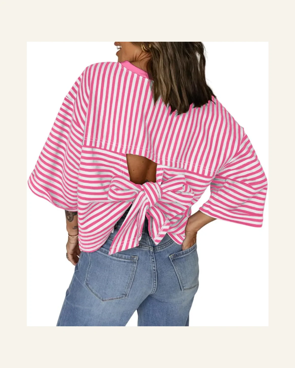 Tunic Tops Casual Pink Stripe Bow Decor Cutout by SELINK