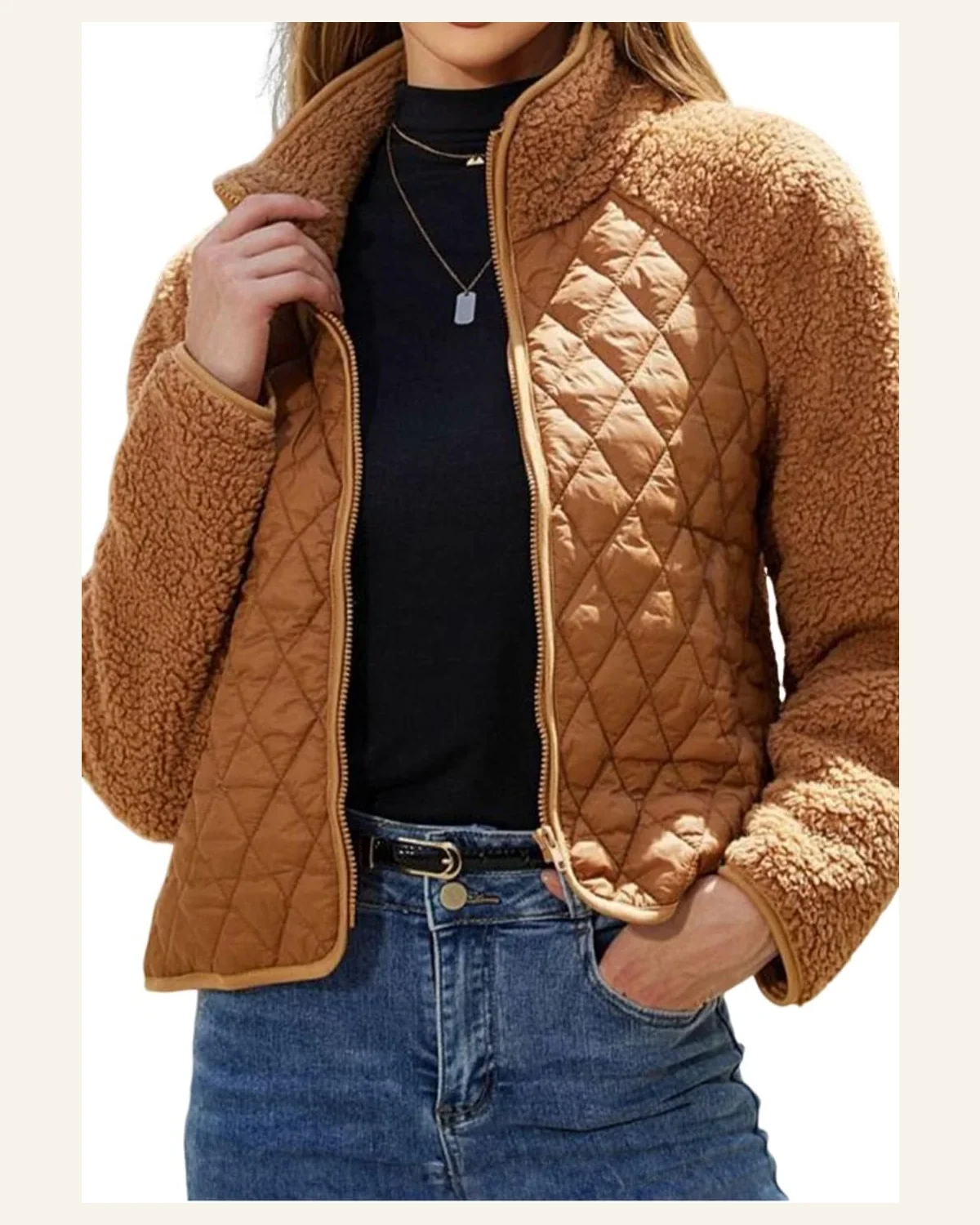 Shacket Jacket Casual Chestnut Sherpa Plush Quilted Puffer by SELINK