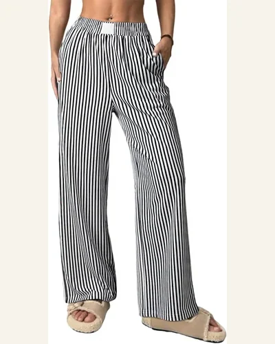 Casual Black Stripe Elastic High Waist Pants Pocketed, view 1