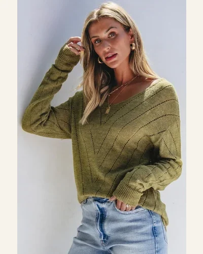 Pullover Sweater Tops Casual Sage Green Solid Eyelet, view 3
