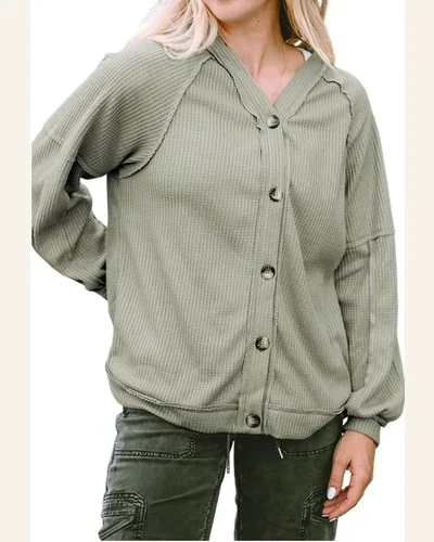 Cardigan Sweater Basic Green Exposed Seam Buttons Front, view 1