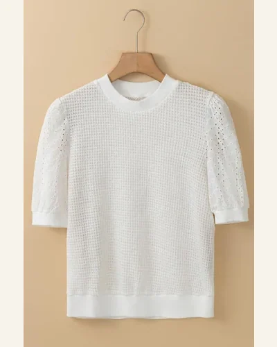 Short Sleeve T Shirt Casual White Broderie Anglaise, view 3