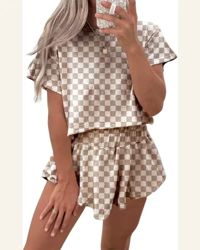 Casual Checkerboard Tracksuit T Shirt and High Waist, view 3