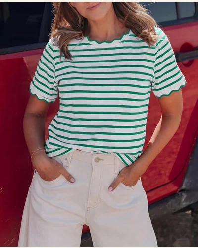 Summer Short Sleeve Tops Striped Crewneck T Shirts, view 3