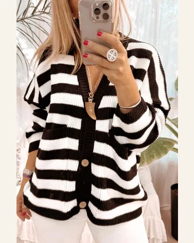 Casual Cardigan Sweater Black Textured Knit Buttoned Drop, view 2