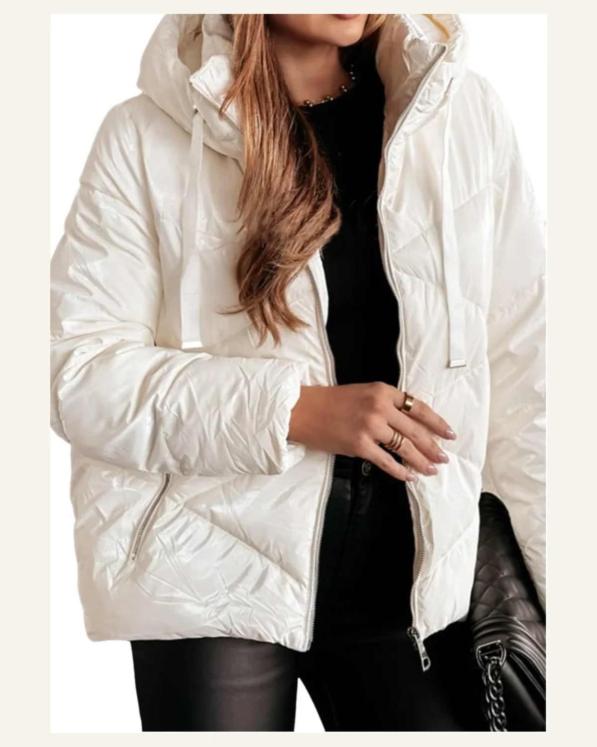 Shacket Jacket Casual White Solid Quilted Hooded Zip by SELINK