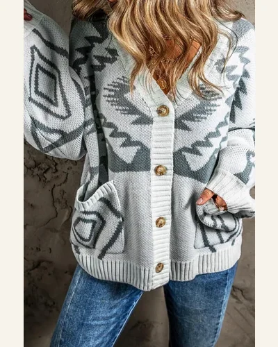 Cardigan Sweater Casual Light Grey Geometric Pattern Ribbed, view 3