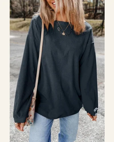 Casual Dark Grey Ribbed Corduroy Oversized Sweatshirts Solid, view 4