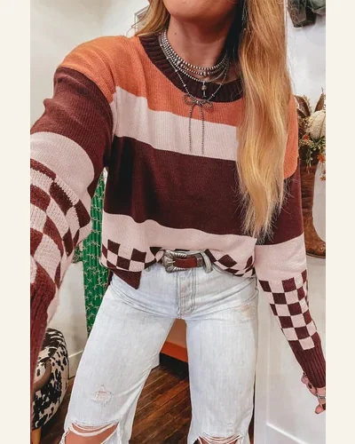Brown Checkered Pullover Sweater Tops Color Block Knitted, view 4