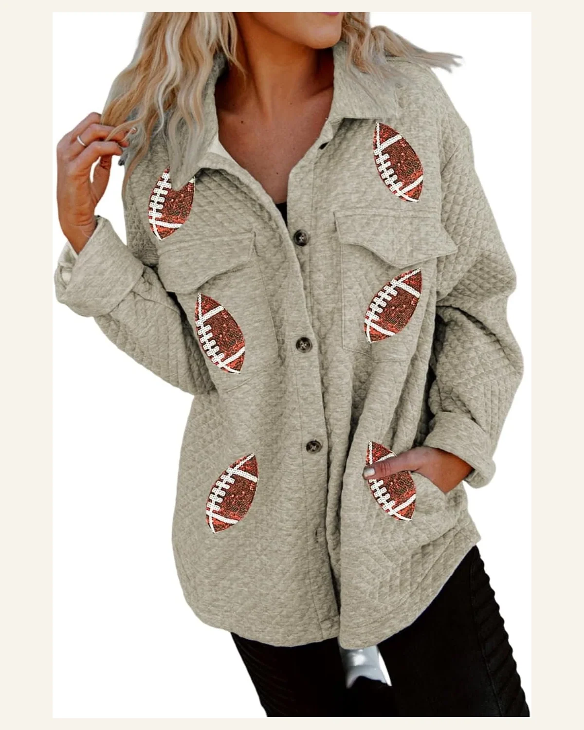 Shacket Jacket Casual Beige Sequin Rugby Football Quilted by SELINK