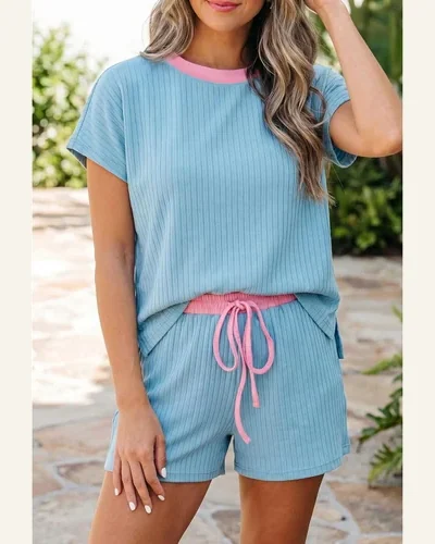 Ribbed 2 Piece Summer Outfits Color Block Loungewear Set, view 2