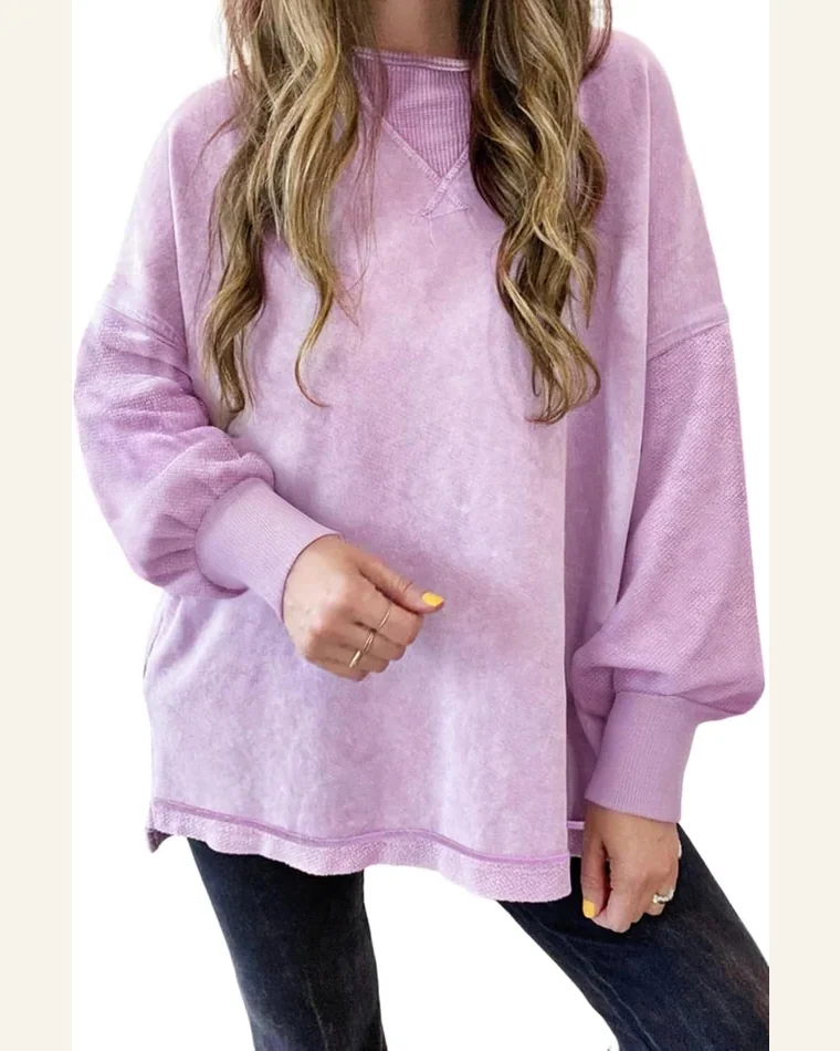 Casual Orchid Petal Mineral Wash Drop Shoulder Pullover by SELINK