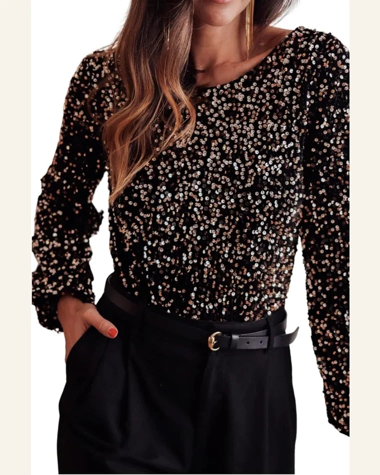Bodysuit Elegant Black Deep V Back Sequin Puff by SELINK