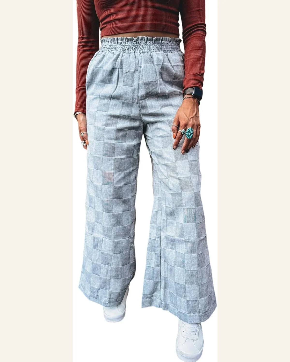 Casual Sky Blue Checkered High Waisted Denim Jeans by SELINK