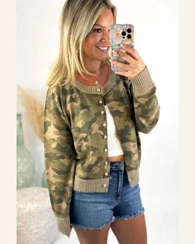 Camo Knit Cardigan Button Down Long Sleeve Sweater, view 2