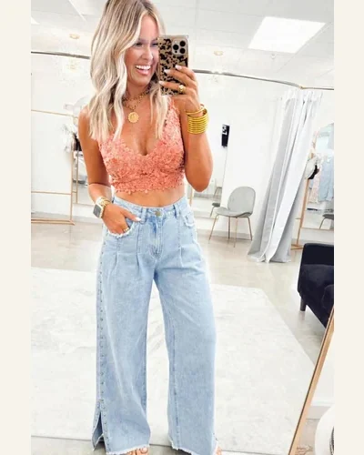 Casual Beau Blue Studded Side Slit Leg Frayed Jeans, view 3