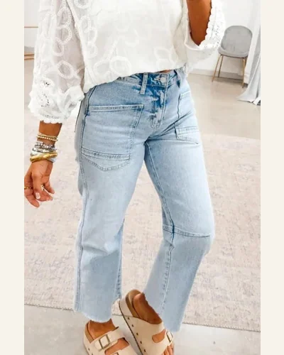 Casual Beau Blue Frayed Cropped Straight Jeans, view 4
