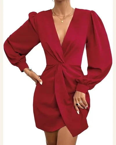 V Neck Lantern Sleeve Ruched Bodycon Slit Wrap Dress, view 4