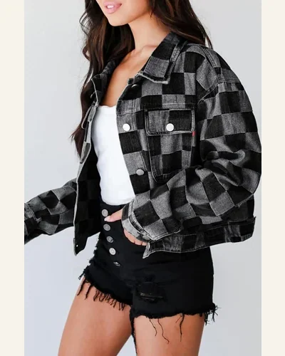 Casual Black Checkered Denim Jean Jacket Patchwork Button, view 3