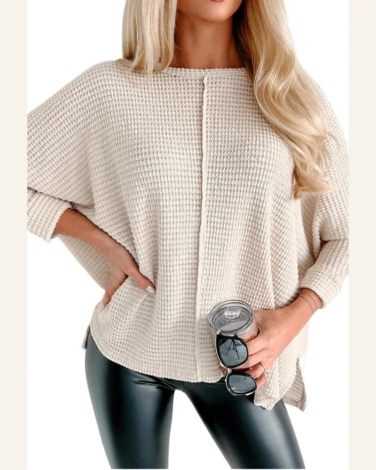 Tunic Tops Casual Apricot Waffle Knit Splits Batwing by SELINK