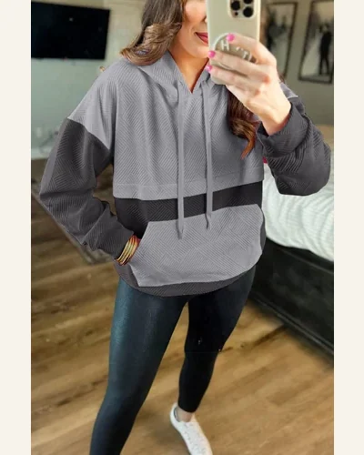 Casual Textured Color Block Kangaroo Pocket Drop Shoulder Sweatshirt, view 2