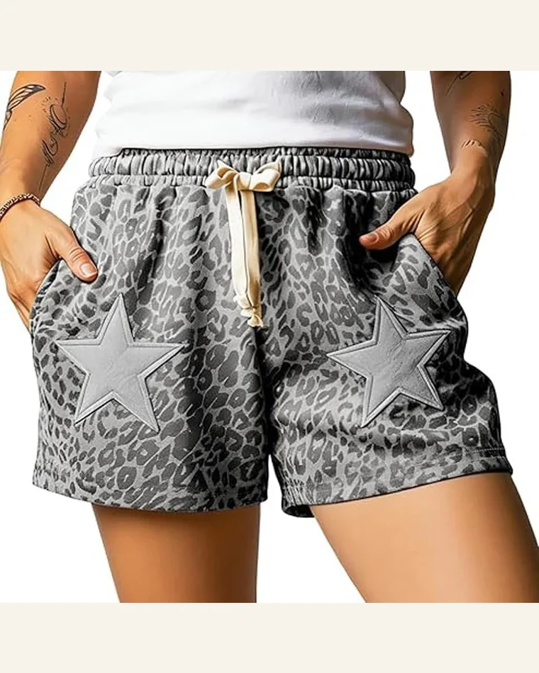 Western Gray Leopard Star Shorts with Pocket Colorblock by SELINK