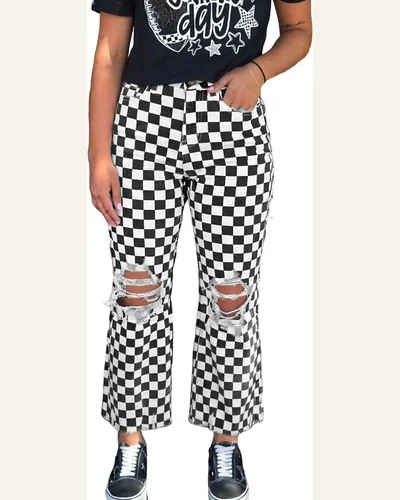 Checkerboard Distressed Cropped Jeans 10, view 1