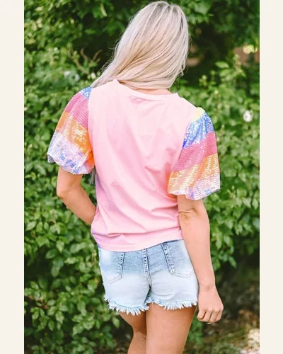 Short Sleeve T Shirt Casual Pink Sequin Colorblock, view 2