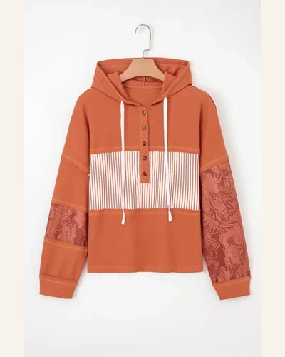 Casual Cinnamon Waffle Printed Drawstring Hooded Tunic Top, view 4