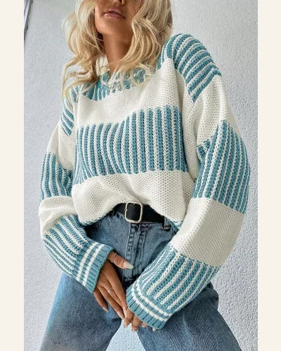 Casual Light Blue Striped Patchwork Drop Shoulder Loose Sweater, view 3