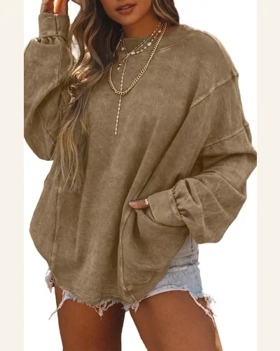 Casual Khaki Exposed Seam Twist Open Back Oversized Sweatshirt, view 1