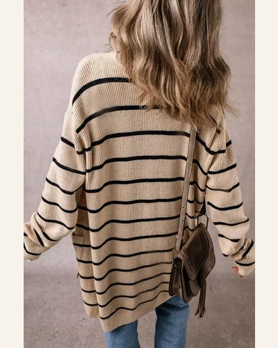 Casual Black Stripe Cardigan Sweater Shawl Neckline Open, view 2