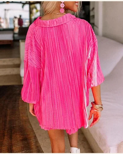 2 Piece Outfits Casual 3/4 Sleeves Pleated Button Set, view 2