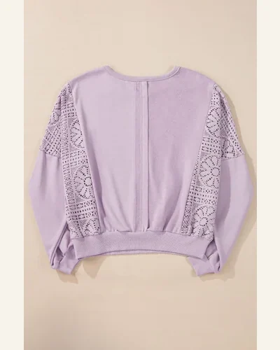 Casual Orchid Petal Knit Crochet Exposed Seam Ribbed Sweatshirt, view 4