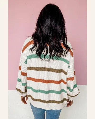 Cardigan Sweater Casual Beige Drop Shoulder Pocketed Stripe, view 2